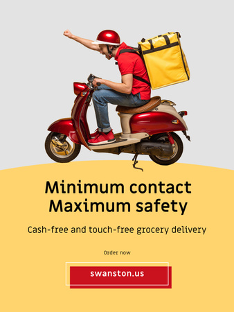 Ontwerpsjabloon van Poster US van Touch-free Delivery Services-advertentie met koerier op bromfiets