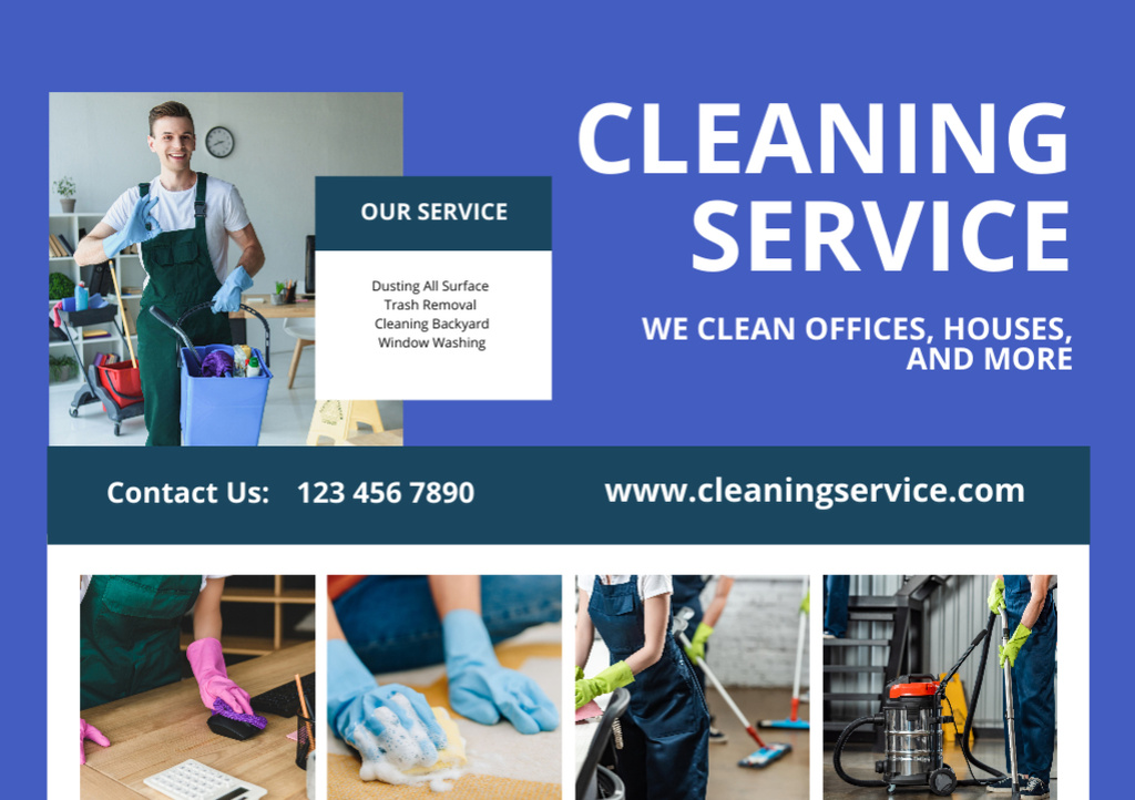 Cleaning Services Offer with Man in Uniform Flyer A5 Horizontal Design Template