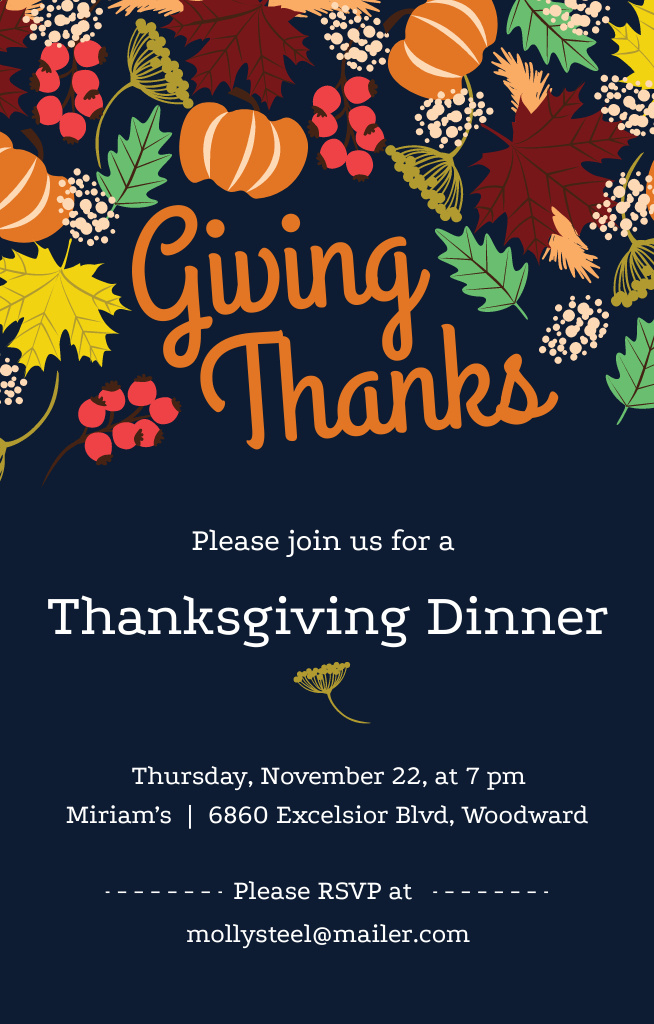 Platilla de diseño Thanksgiving Dinner Announcement With Autumn Leaves Invitation 4.6x7.2in