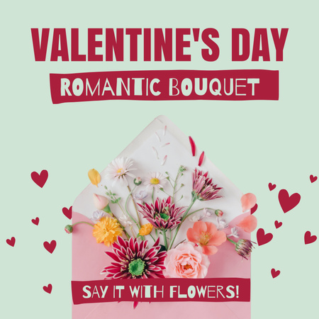 Designvorlage Valentinstag-schöner Blumenstrauß mit Herzen für Instagram AD