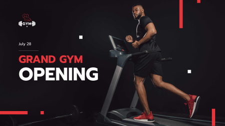 Az edzőterem megnyitó hirdetménye futópadon futó sportolóval FB event cover tervezősablon