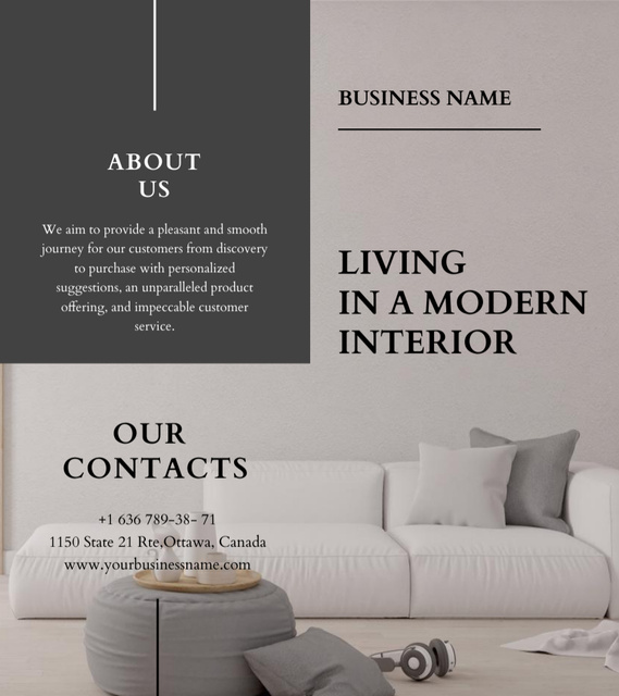 Home Decor Offer with Modern Room Interior in Grey Color Brochure 9x8in Bi-fold Design Template