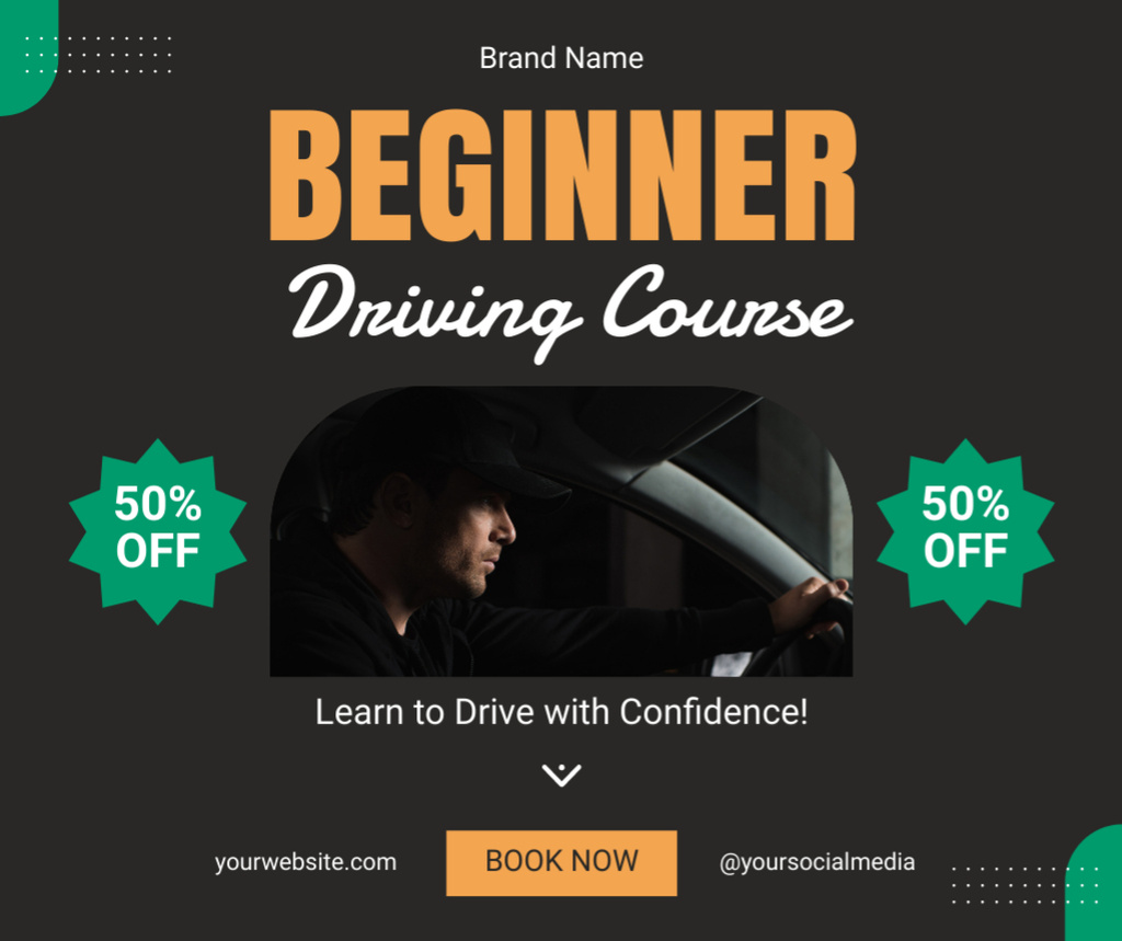 Ontwerpsjabloon van Facebook van Beginner Driving Course With Discounts Offer And Booking