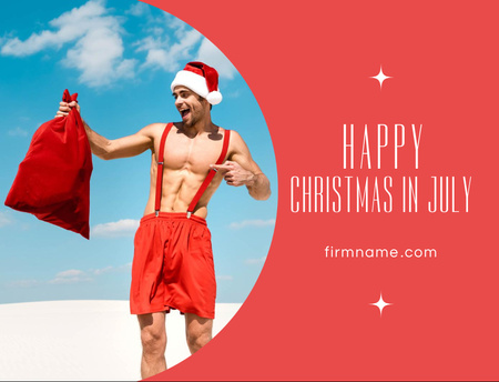 Cheerful Man in Santa Claus Costume Standing on Beach in Sunny Day Postcard 4.2x5.5in Design Template