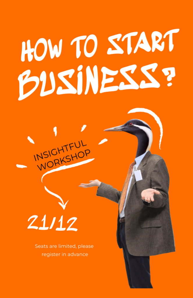 Template di design Specialized Business Workshop Announcement with Funny Bird in Suit Flyer 5.5x8.5in