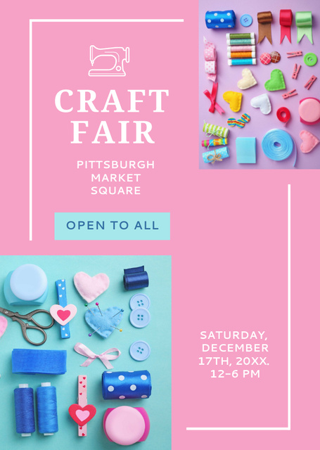 Plantilla de diseño de Craft Fair Announcement With Needlework Tools In Pink Postcard A6 Vertical 