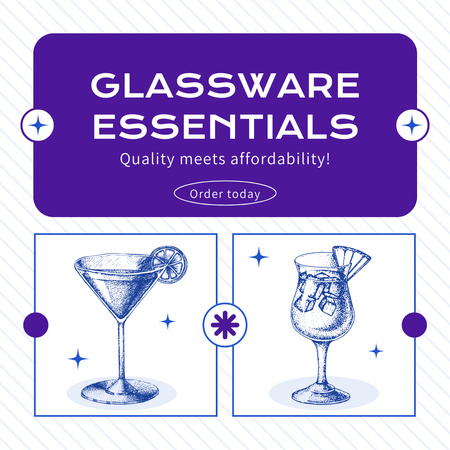Modèle de visuel Promo des essentiels de la verrerie avec des croquis de boissons dans des verres - Instagram