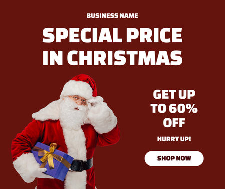 Christmas Sale Santa in Glasses Holding Present Facebook Design Template