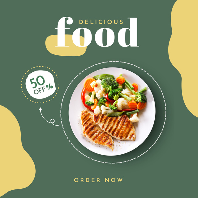 Food Delivery Discount Offer with Delicious Dish Instagram Tasarım Şablonu