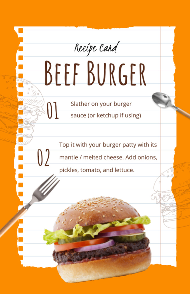 Beef Burger Cooking Ingredients on Orange Recipe Card Design Template