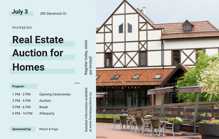 Platilla de diseño House Facade For Real Estate Auction With Schedule Invitation 4.6x7.2in Horizontal