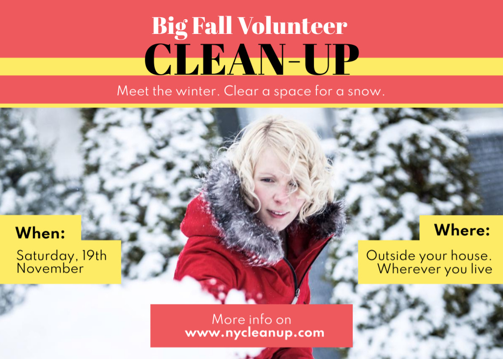 Ontwerpsjabloon van Postcard 5x7in van Volunteer At Winter Clean Up Event with Woman holding Shovel