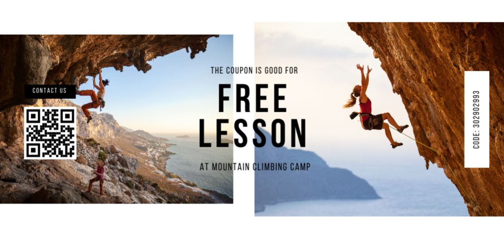 Climbing Club Ad with People in Mountains And Free Lesson Coupon Din Largeデザインテンプレート