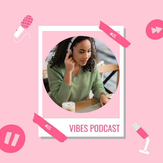 Interesting Vibes Radio Show Episode With Headphones Podcast Cover Design Template