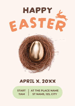 Easter Celebration Announcement with Golden Egg in Nest Poster Design Template