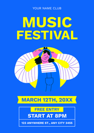 Girl in Headphones ile Müzik Festivali Duyurusu Poster Tasarım Şablonu