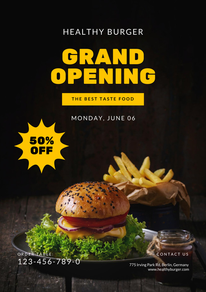 Restaurant Opening Announcement with Delicious Burger Posterデザインテンプレート
