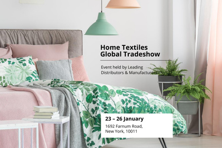 Home Textiles Event Announcement with Stylish Bedroom Flyer 4x6in Horizontal Modelo de Design