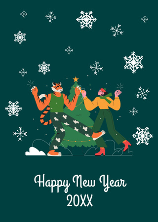New Year Holiday Greeting on Green Postcard A6 Vertical Design Template