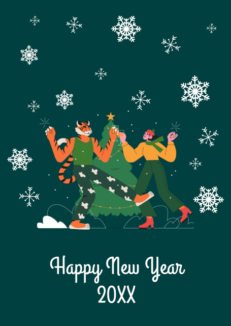 New Year Holiday Greeting on Green Postcard A6 Vertical Šablona návrhu