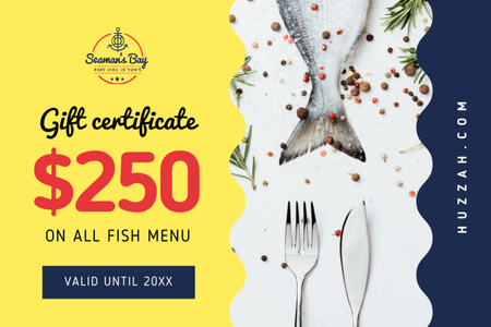 Plantilla de diseño de Oferta de restaurante con pescado y especias Gift Certificate 