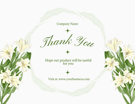 Mensagem de agradecimento com lírios românticos brancos Thank You Card 5.5x4in Horizontal Modelo de Design