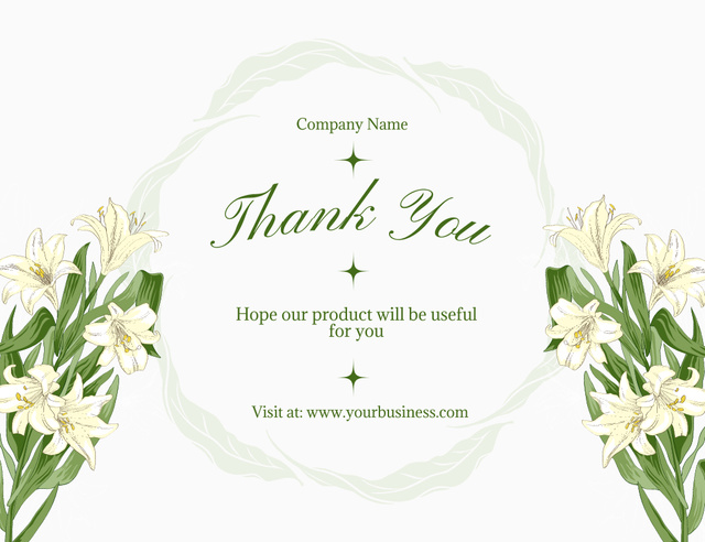 Thank You Message with White Romantic Lilies Thank You Card 5.5x4in Horizontal Design Template