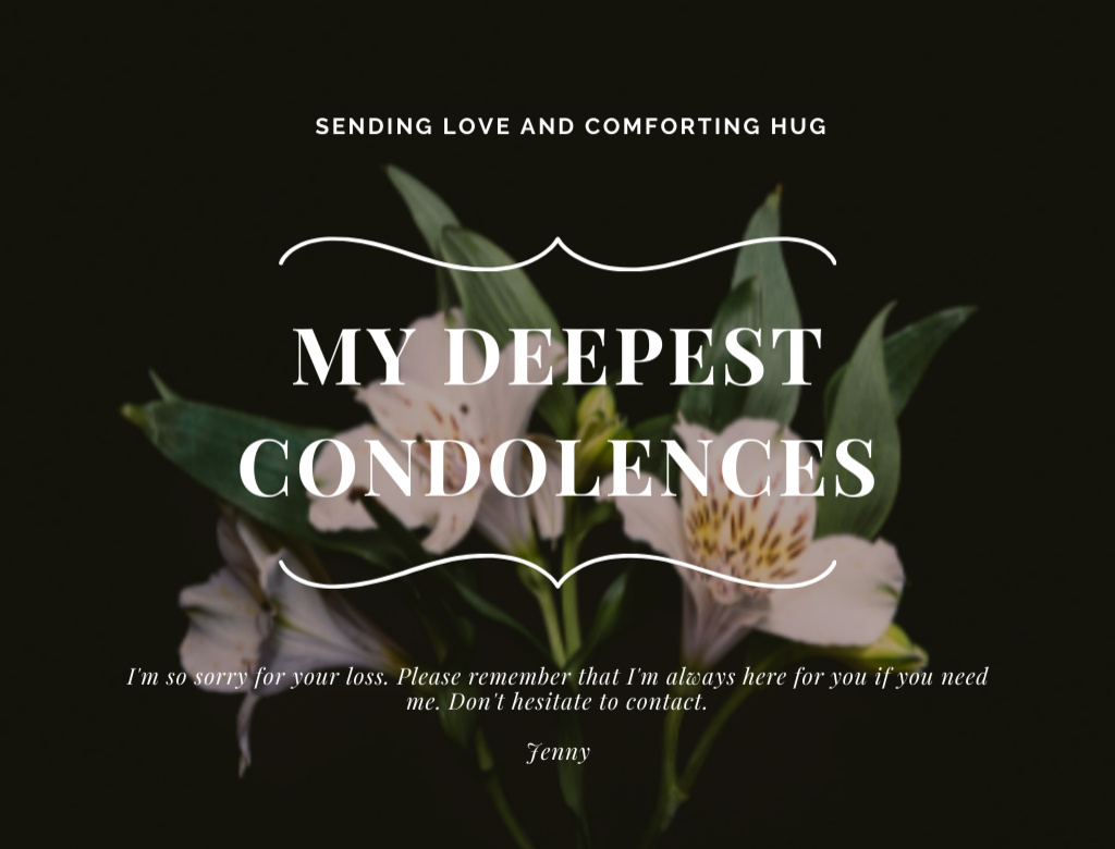 Deepest Condolences Phrase with Beautiful Flowers on Black Postcard 4.2x5.5in Šablona návrhu