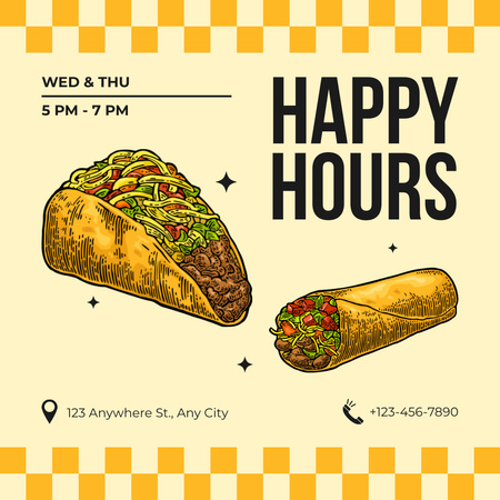 Happy Hours Ad with Illustration of Taco Instagram Design Template