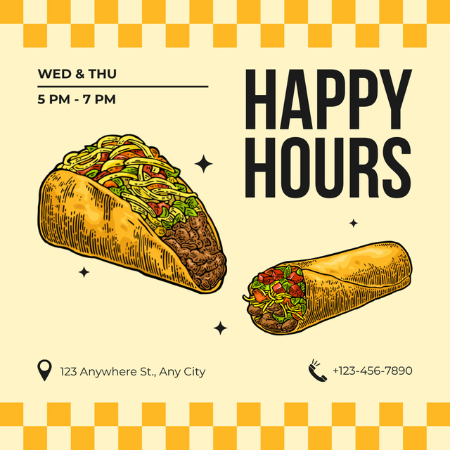 Happy Hours Ad with Illustration of Taco Instagram Modelo de Design