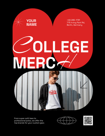 College Apparel and Merchandise with Young Guy on Black Poster 8.5x11in Design Template