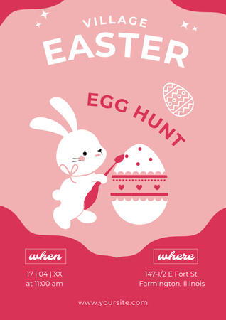 Easter Egg Hunt Announcement with Bunny Decorating Egg Poster Design Template
