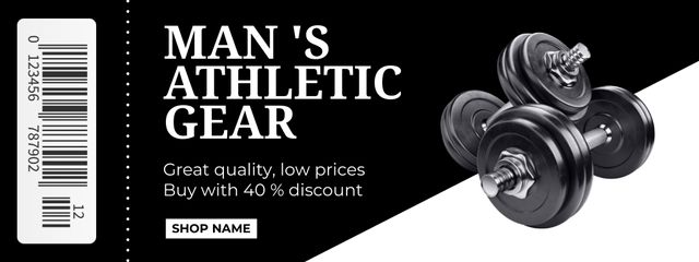 Sports Shop Advertisement with Dumbbells on Black Coupon Design Template