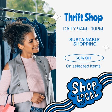 Black woman in thrift shop blue Instagram AD Design Template