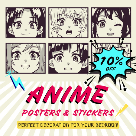 Designvorlage Anime Posters And Stickers For Bedroom Sale Offer für Animated Post