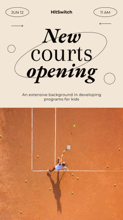 Template di design annuncio di apertura del nuovo campo da tennis Instagram Story