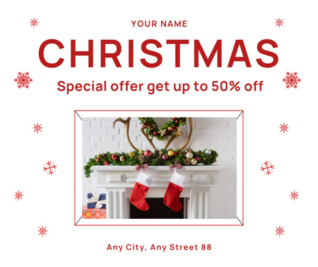 Holiday Sale Announcement with Christmas Fireplace Facebook Design Template