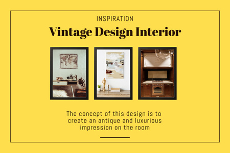 Sarı üzerine Vintage Interiors Kolajı Mood Board Tasarım Şablonu