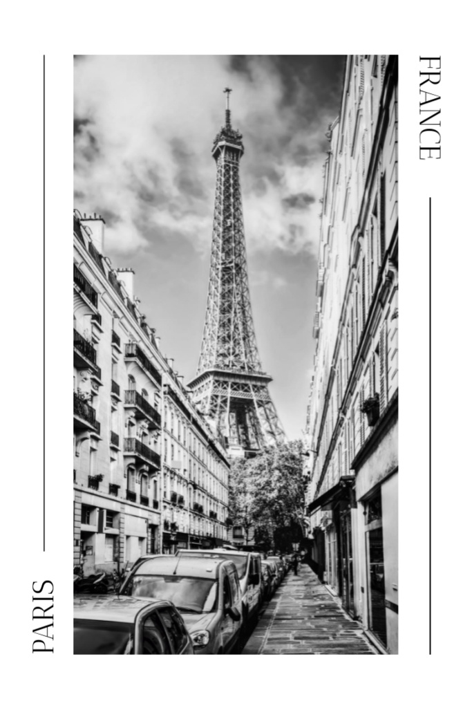 Black and White City View of Paris Postcard 4x6in Vertical Design Template
