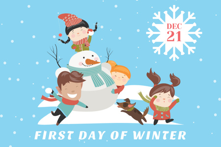 Primeiro dia de inverno com crianças brincando com boneco de neve Postcard 4x6in Modelo de Design