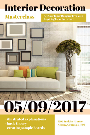 Anúncio de evento de decoração de interiores com interior em cinza Pinterest Modelo de Design