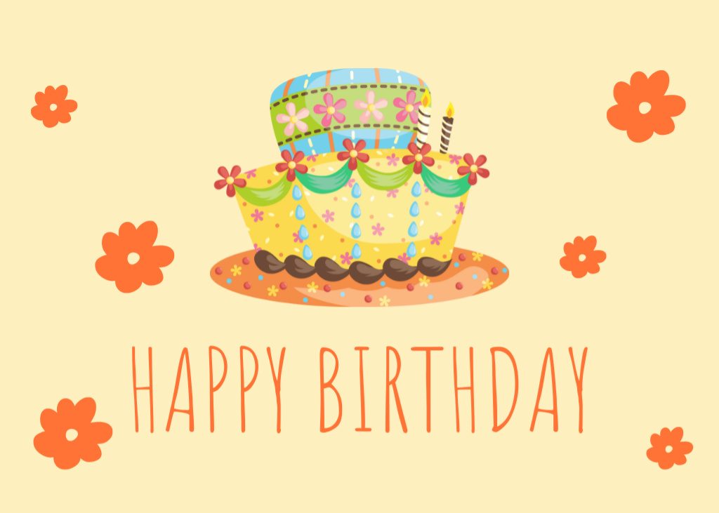 Happy Birthday Greeting with Cake on Yellow Postcard 5x7in Tasarım Şablonu