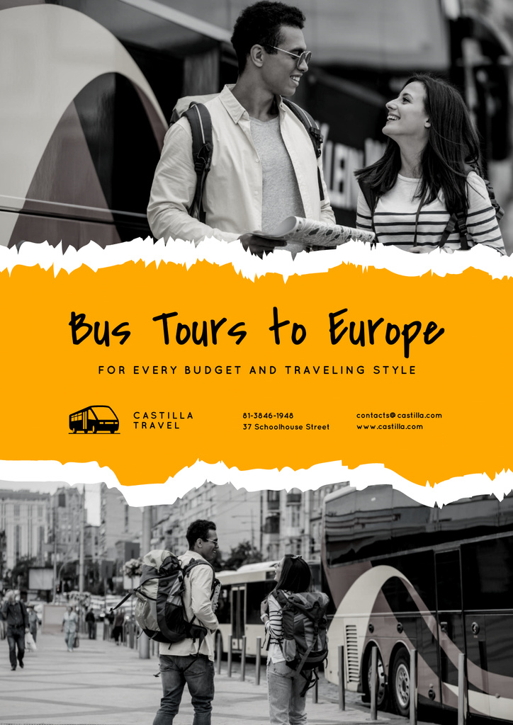 Bus Tours Ad with Travellers in City Posterデザインテンプレート