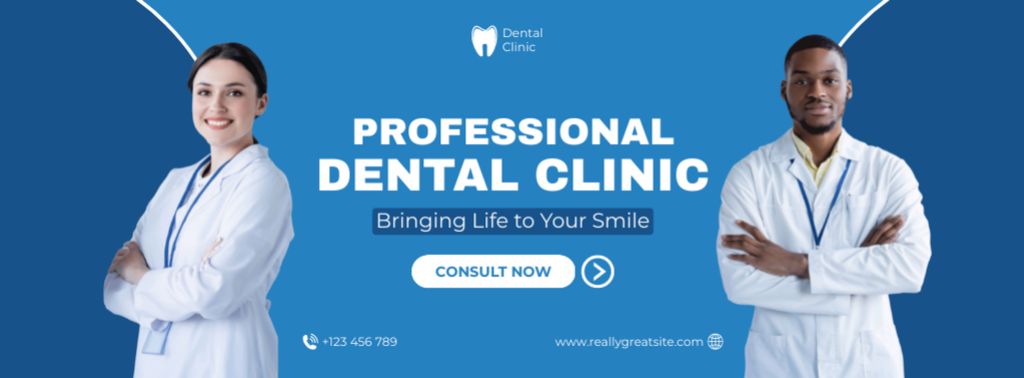 Professional Dental Clinic Services with Multiracial Doctors Facebook cover Design Template