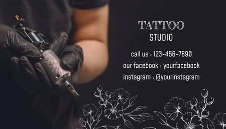 Plantilla de diseño de Estudio de diseño de artista de tatuajes con bocetos florales Business Card US 
