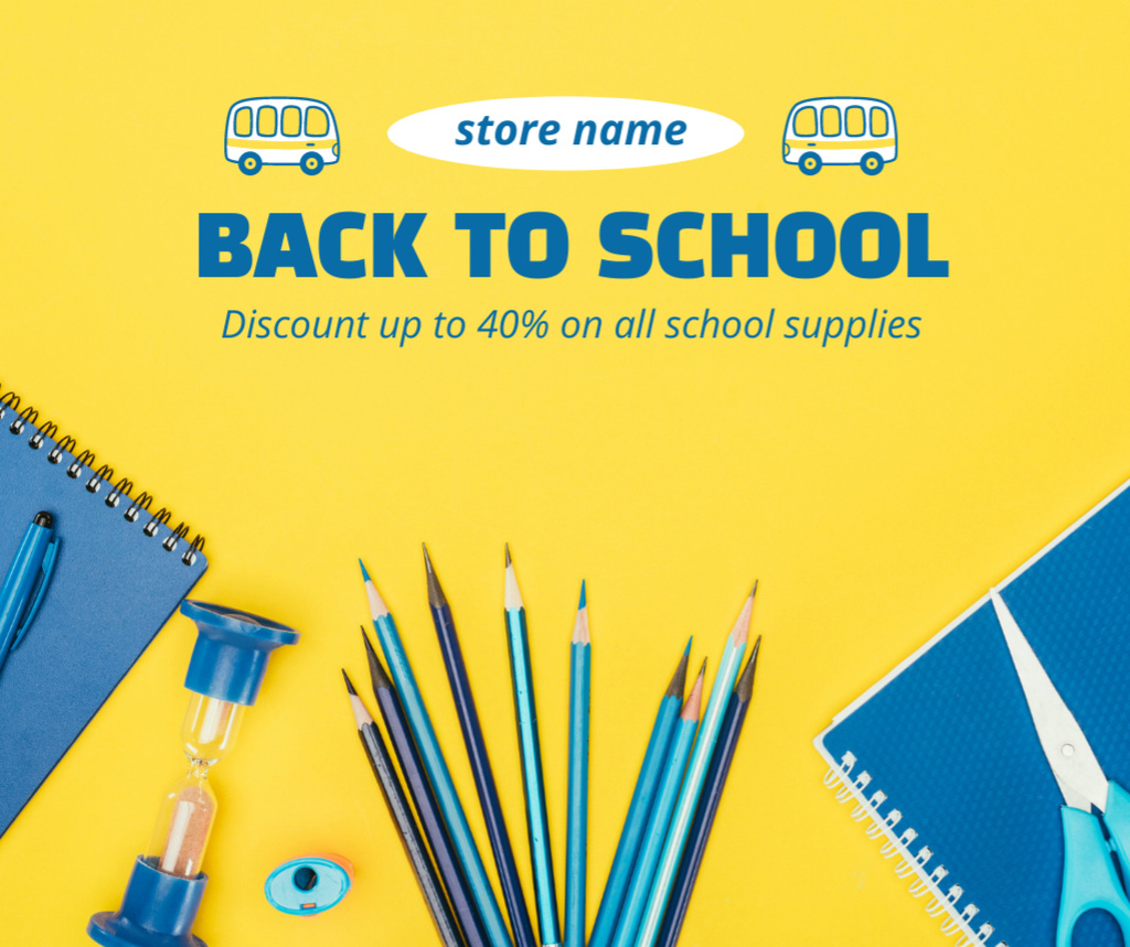 Discount Offer on All School Supplies with Blue Pencils Facebook Design Template