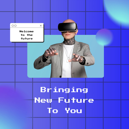 Man in Virtual Reality Glasses on Blue Instagram Design Template