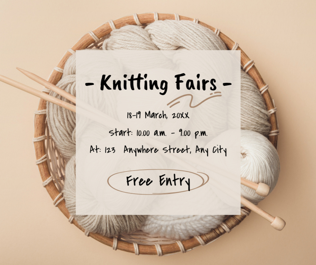 Knitting Fair Announcement with White Skeins of Wool Facebook Design Template