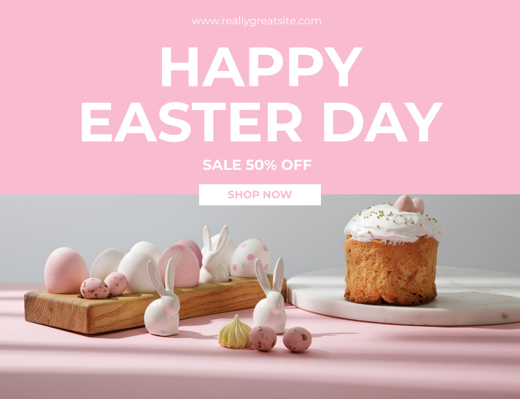 Template di design Easter Sale Offer with Festive Table on Pink Thank You Card 5.5x4in Horizontal
