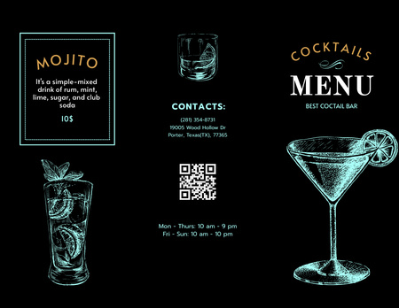 Oferta de Copos Ilustrados com Cocktails Menu 11x8.5in Tri-Fold Modelo de Design